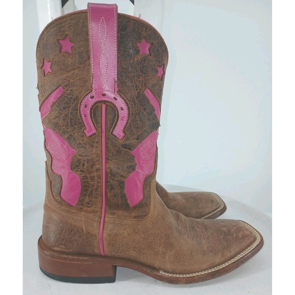 Cowgirl Western Rodeo Square Toe Pink Tan Leather Cowboy Boots Botas SZ 8.5 C2